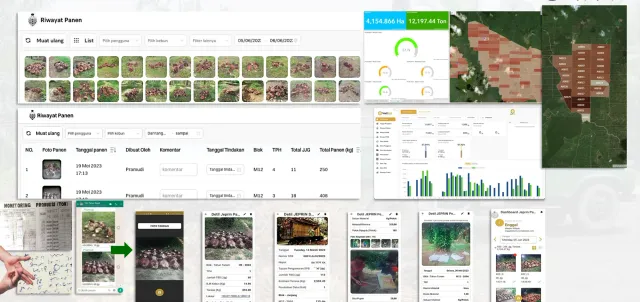 semaiPRO harvest history with photos, record table, production dashboard, block map, and mobile record screens replacing paper notes