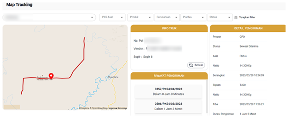 semaiADIS Map Tracking screen: the truck route on a map, truck information, delivery history and delivery details
