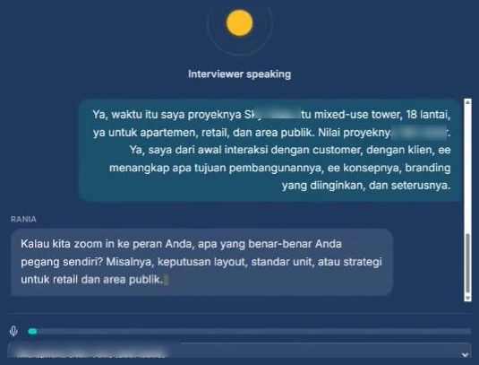Demo at rania.semai.id: the AI interviewer RANIA asks a follow-up question after the candidate's spoken answer