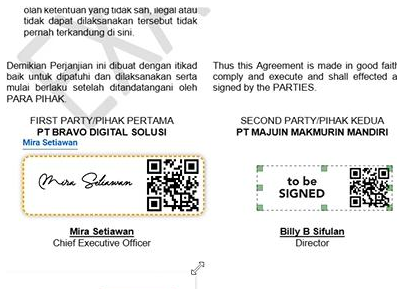 semaiDOCS placement on an example agreement: Mira Setiawan's signature block with QR code, a 'to be SIGNED' block for Billy B Sifulan, and the position confirmation