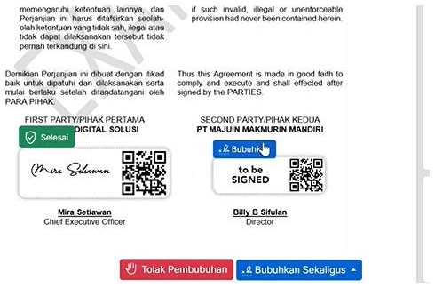 semaiDOCS signer view of an example agreement: Mira Setiawan's block marked Selesai, Billy B Sifulan's block 'to be SIGNED', with the Tolak Pembubuhan and Bubuhkan Sekaligus buttons