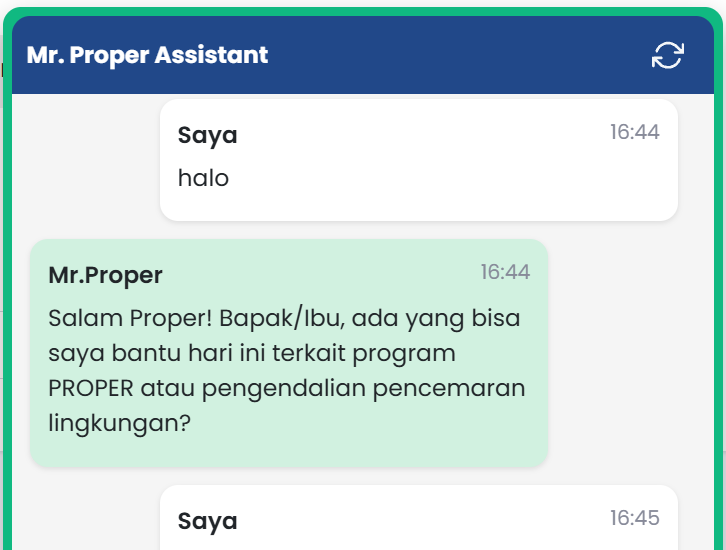 semaiENVIRO Mr. Proper Assistant chatbot greeting the user and answering about PROPER