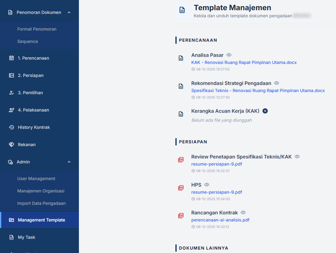 semaiKELOLA Template Manajemen screen: document templates and files grouped by phase, Perencanaan and Persiapan