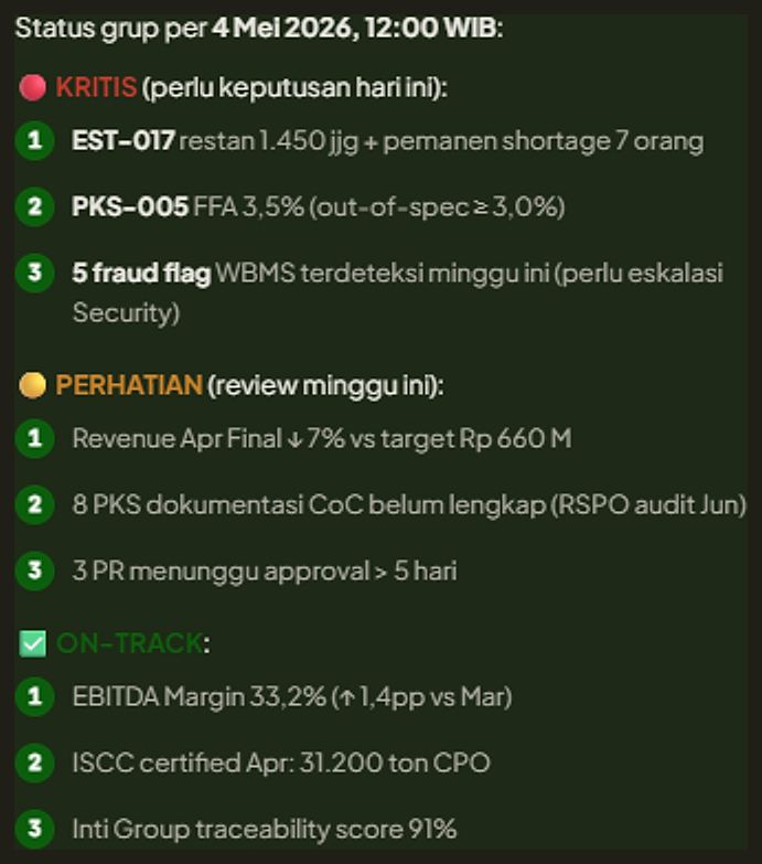 semaiNEXUS five-minute meeting briefing (Briefing 5 menit untuk meeting): critical items, items to review this week and items on track