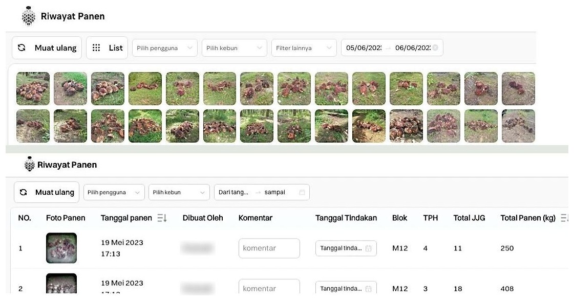 semaiPRO Riwayat Panen (harvest history): a grid of harvest photos of fruit bunches, and the list view with photo, date, recorder, block M12, TPH, bunch count and kilograms