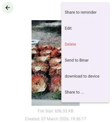 semaiX capture screen: a photo of fruit bunches with the menu Share to reminder, Edit, Delete, Send to Binar, download to device and Share to