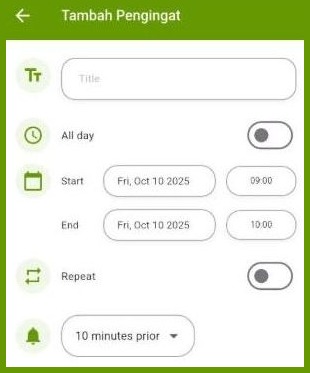 semaiX Tambah Pengingat (add reminder) screen: title, all day, start and end, repeat and a reminder 10 minutes prior