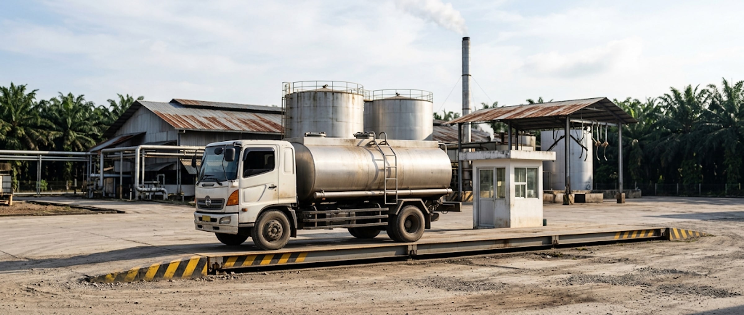 Illustration: a CPO tank truck on the weighbridge at a palm oil mill, with the operator booth, CPO storage tanks and the mill behind