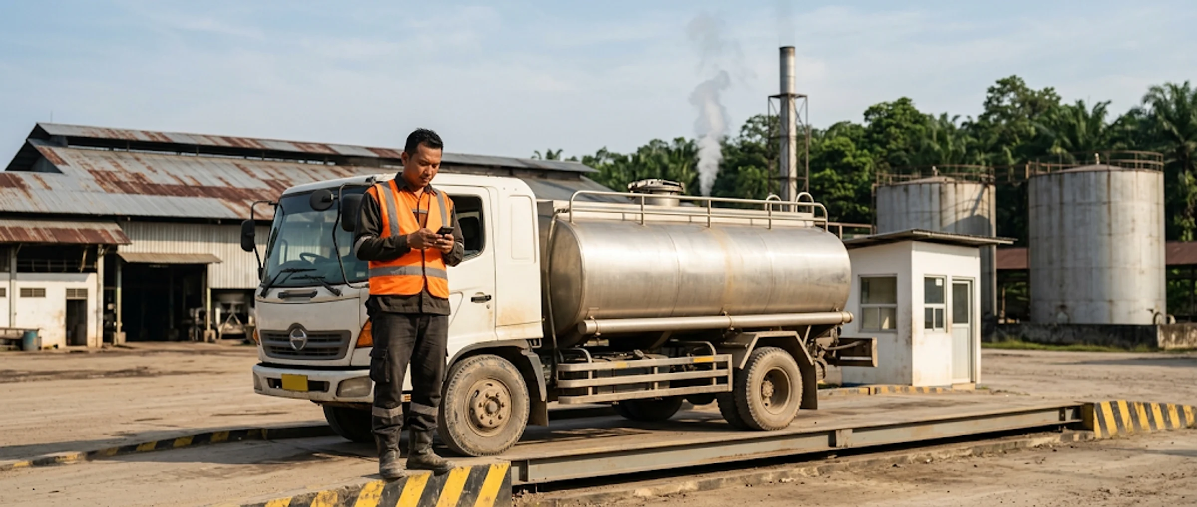 Illustration: a CPO tank truck on a mill weighbridge, its driver checking the delivery order on his phone