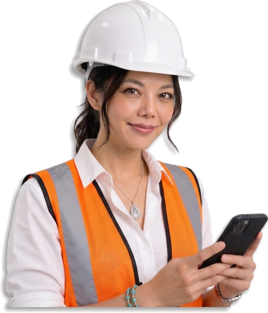Illustration: a smiling woman in a hard hat holding a phone