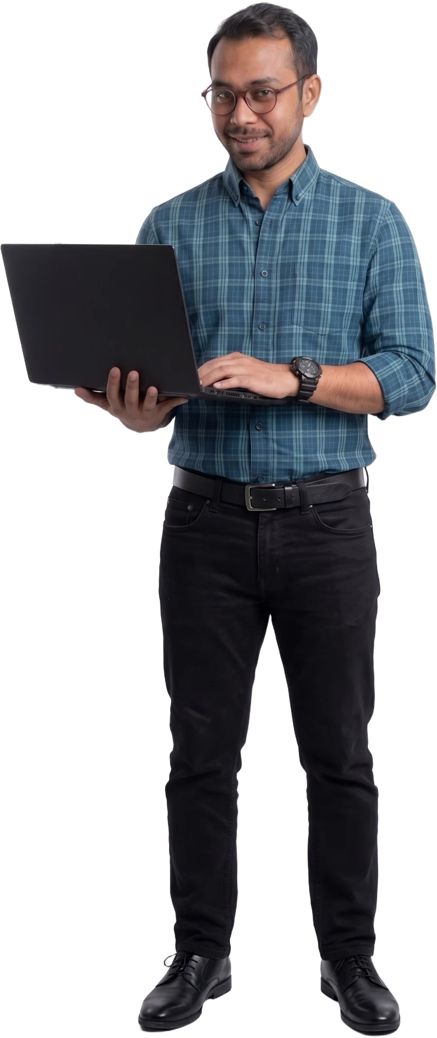 Illustration: a man holding an open laptop
