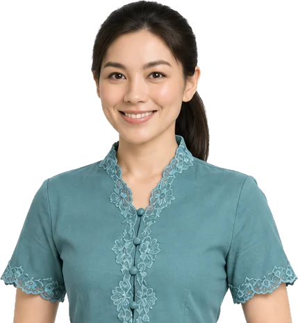 Illustration: a smiling woman in a tosca batik blouse